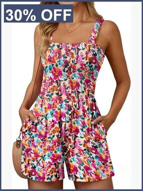 Women's Summer Vacation Beach Romper Square Neck Loose Jumpsuit Short Sleeveless